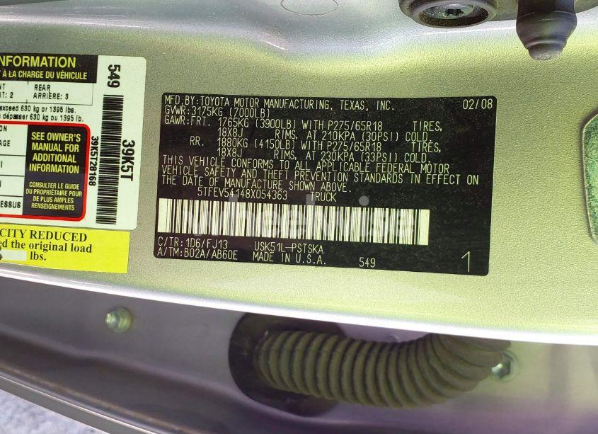 Photo 9 of 2008 Toyota Tundra SR5 5.7L V8 (VIN 5TFEV54148X054363)