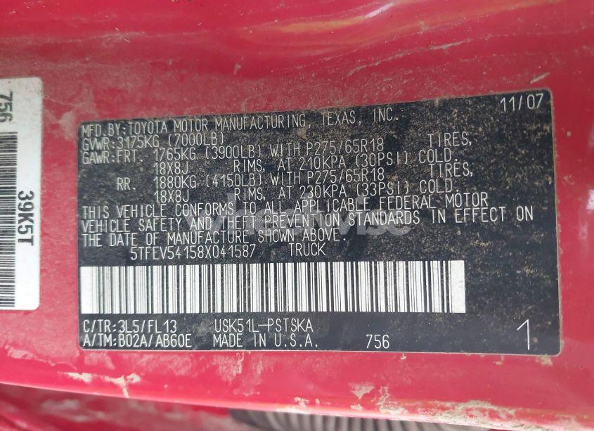 Photo 9 of 2008 Toyota Tundra SR5 5.7L V8 (VIN 5TFEV54158X041587)