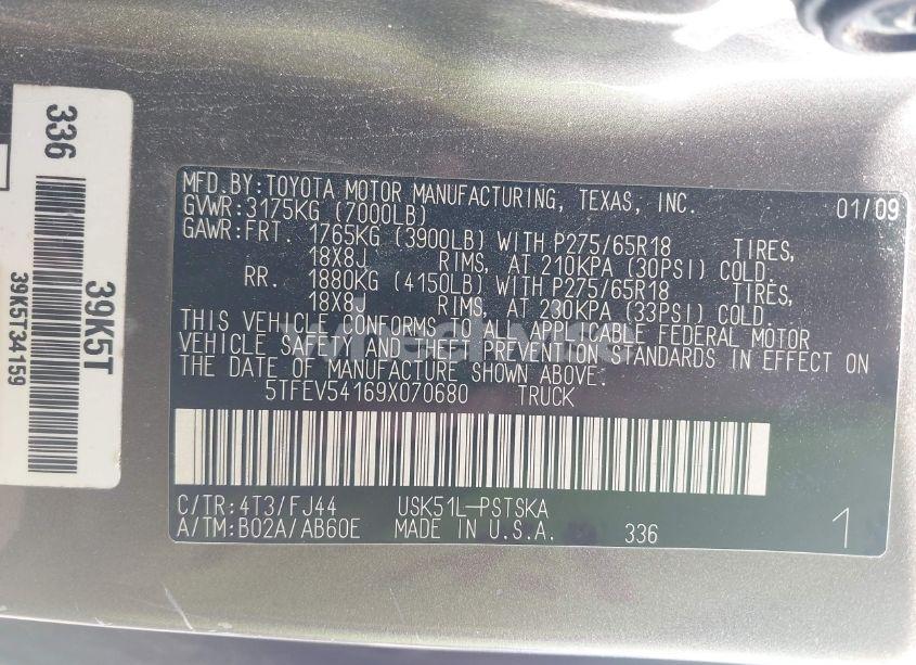 Photo 9 of 2009 Toyota Tundra SR5 5.7L V8 (VIN 5TFEV54169X070680)