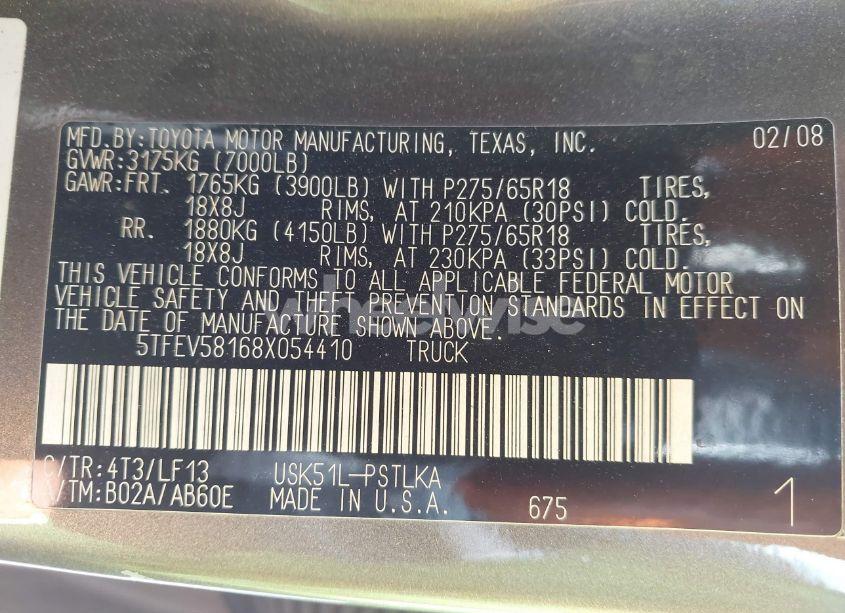 Photo 9 of 2008 Toyota Tundra LIMITED 5.7L V8 (VIN 5TFEV58168X054410)