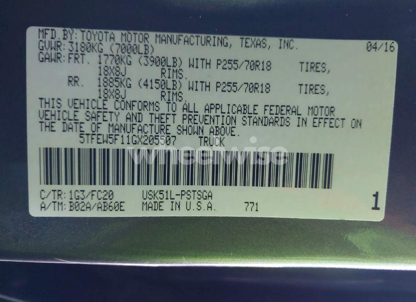 Photo 9 of 2016 Toyota Tundra SR5 5.7L V8 (VIN 5TFEW5F11GX205507)