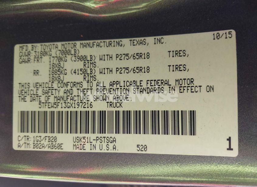 Photo 9 of 2016 Toyota Tundra SR5 5.7L V8 (VIN 5TFEW5F13GX197216)