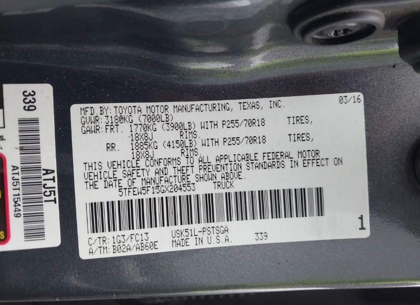 Photo 9 of 2016 Toyota Tundra SR5 5.7L V8 (VIN 5TFEW5F13GX204553)