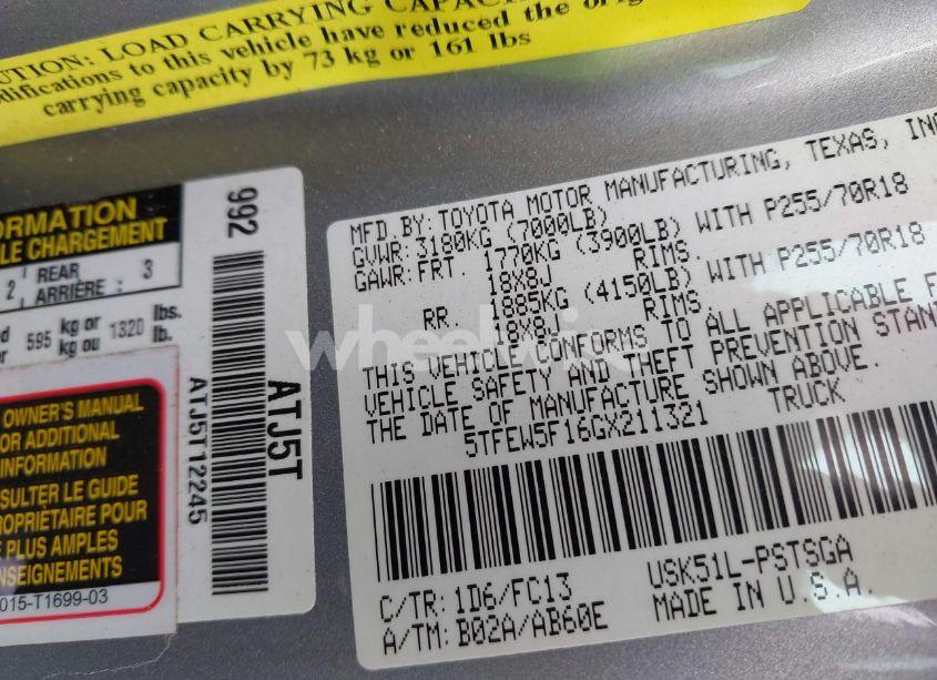 Photo 9 of 2016 Toyota Tundra SR5 5.7L V8 (VIN 5TFEW5F16GX211321)