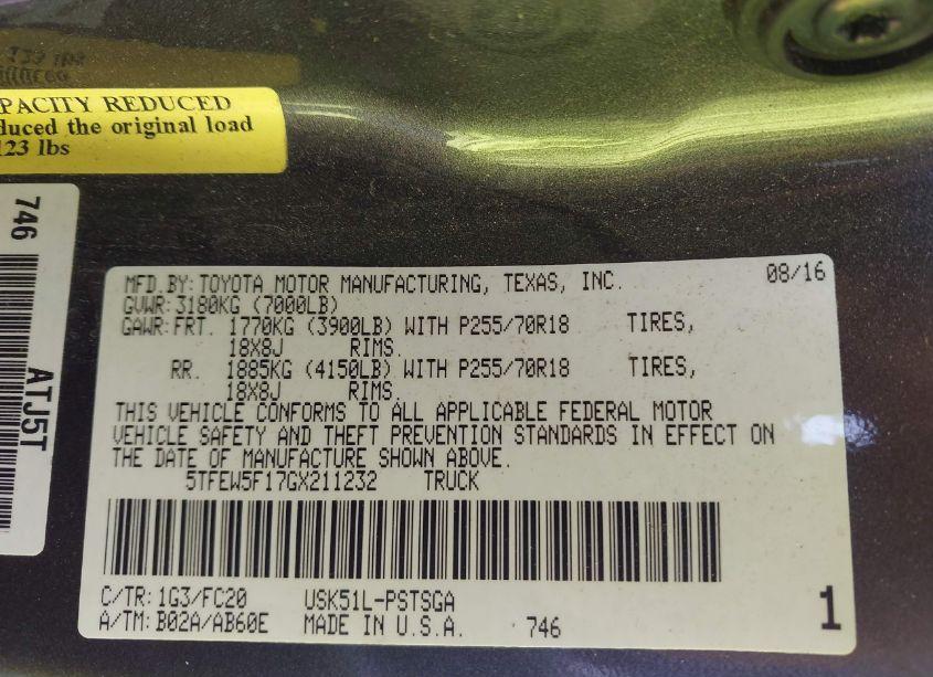 Photo 9 of 2016 Toyota Tundra SR5 5.7L V8 (VIN 5TFEW5F17GX211232)