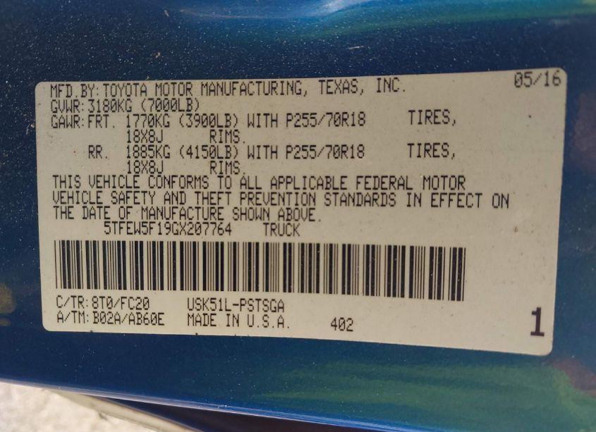 Photo 9 of 2016 Toyota Tundra SR5 5.7L V8 (VIN 5TFEW5F19GX207764)