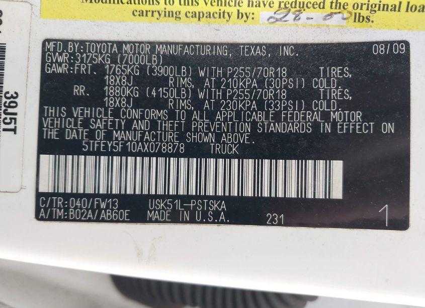 Photo 9 of 2010 Toyota Tundra GRADE 5.7L V8 (VIN 5TFEY5F10AX078878)