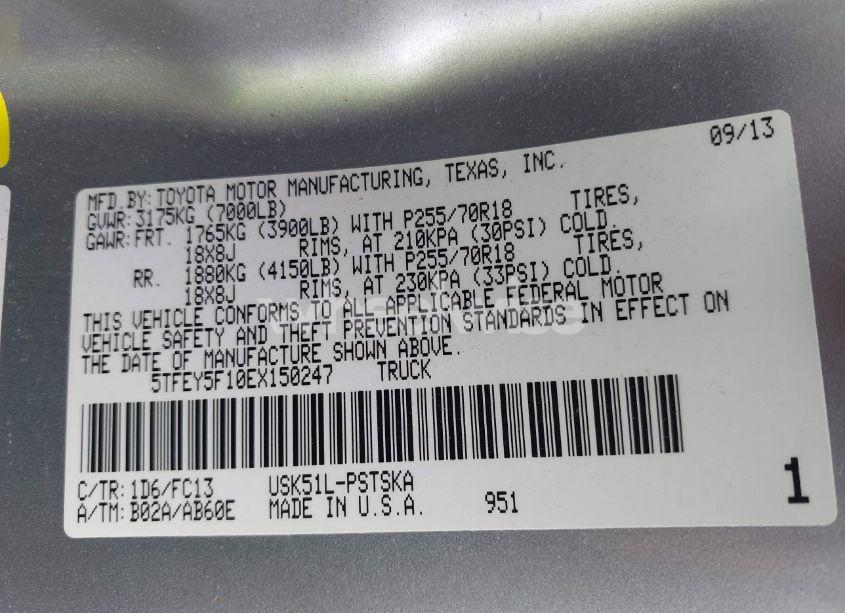 Photo 9 of 2014 Toyota Tundra SR5 5.7L V8 (VIN 5TFEY5F10EX150247)