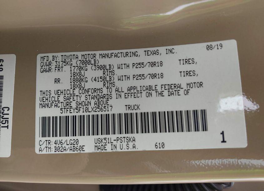 Photo 9 of 2020 Toyota Tundra SR5 (VIN 5TFEY5F10LX256517)