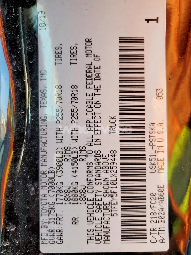 Photo 3 of 2020 TOYOTA TUNDRA CREWMAX SR5 (VIN 5TFEY5F10LX259448)