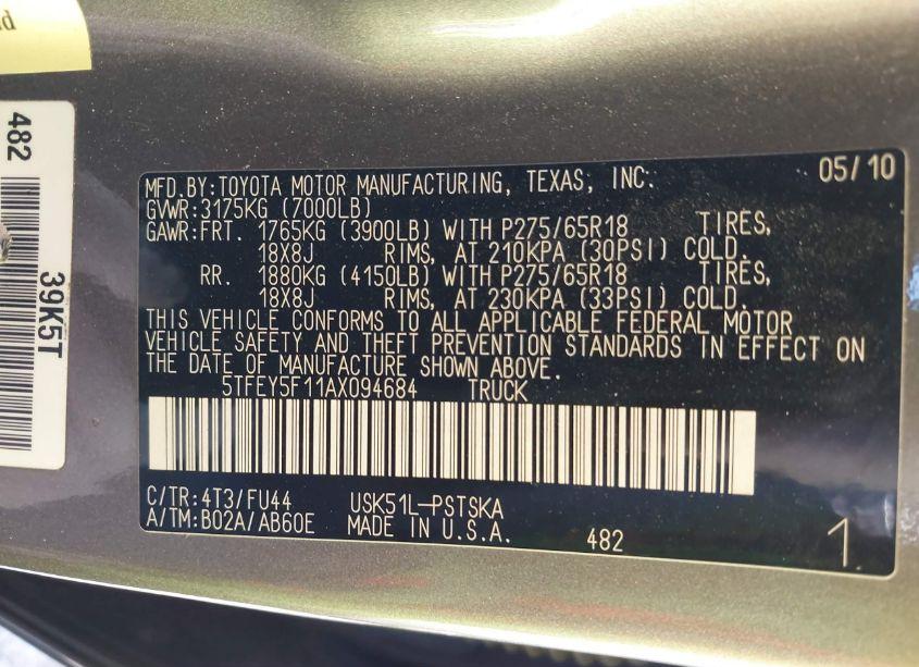 Photo 9 of 2010 Toyota Tundra CREWMAX SR5 (VIN 5TFEY5F11AX094684)