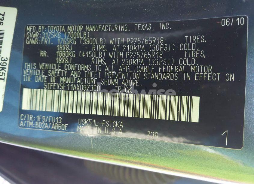 Photo 9 of 2010 Toyota Tundra GRADE 5.7L V8 (VIN 5TFEY5F11AX097360)