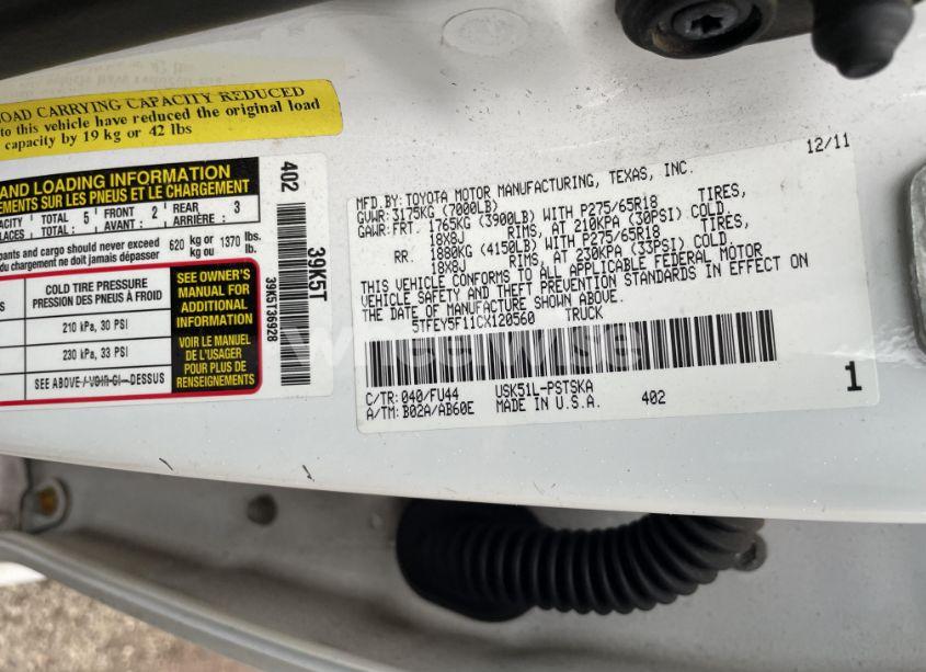 Photo 9 of 2012 Toyota Tundra GRADE 5.7L V8 (VIN 5TFEY5F11CX120560)