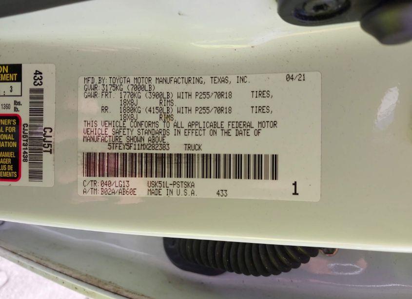 Photo 9 of 2021 Toyota Tundra SR5 (VIN 5TFEY5F11MX282383)