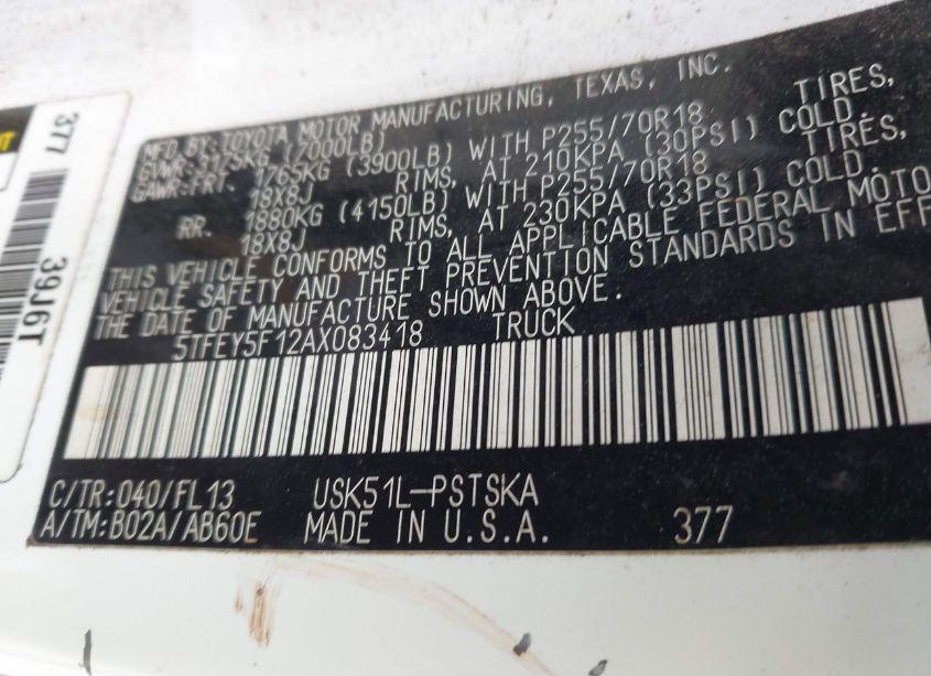 Photo 9 of 2010 Toyota Tundra GRADE 5.7L V8 (VIN 5TFEY5F12AX083418)