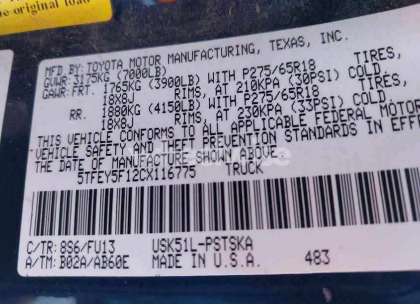 Photo 9 of 2012 Toyota Tundra GRADE 5.7L V8 (VIN 5TFEY5F12CX116775)