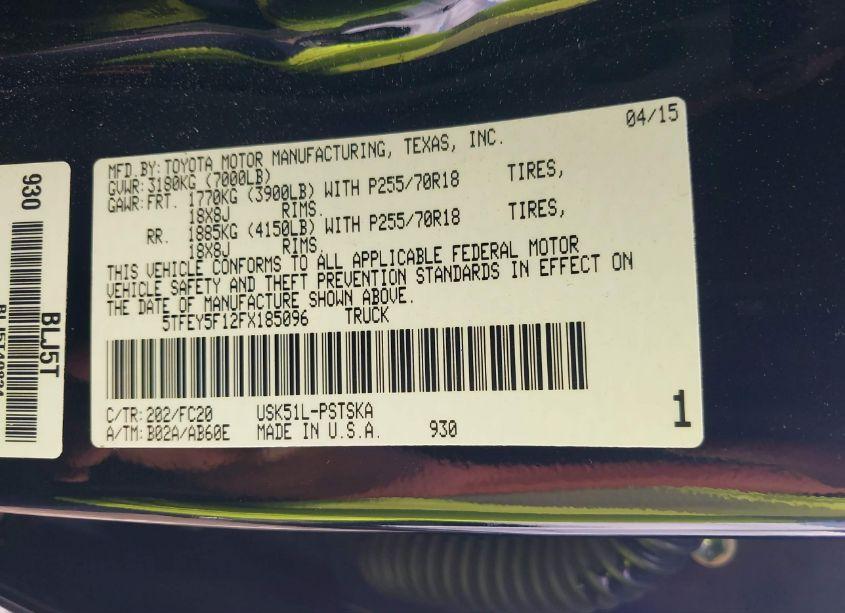 Photo 9 of 2015 Toyota Tundra SR5 5.7L V8 (VIN 5TFEY5F12FX185096)