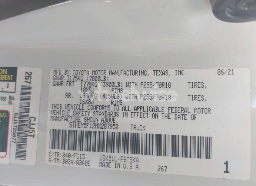 Photo 9 of 2021 Toyota Tundra SR5 (VIN 5TFEY5F12MX287950)