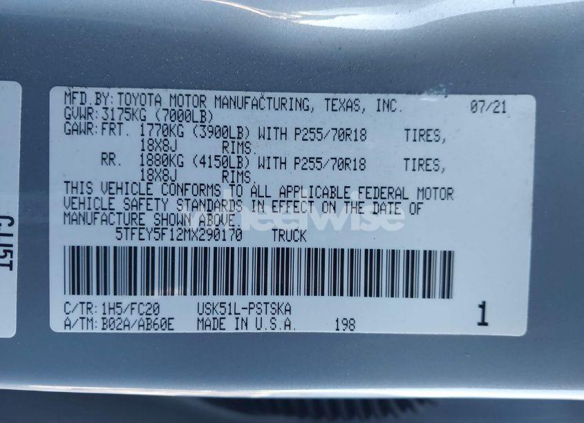 Photo 9 of 2021 Toyota Tundra SR5 (VIN 5TFEY5F12MX290170)