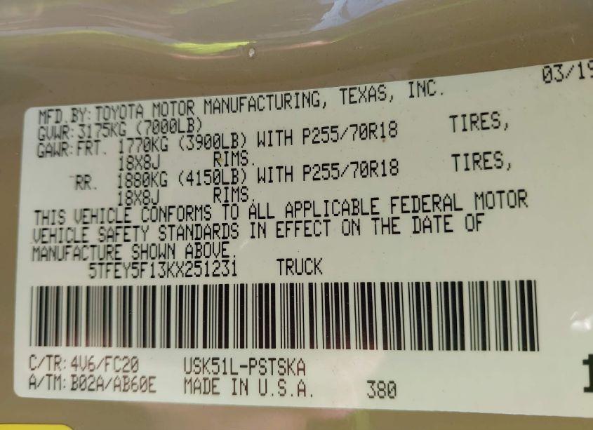 Photo 9 of 2019 Toyota Tundra SR5 5.7L V8 (VIN 5TFEY5F13KX251231)