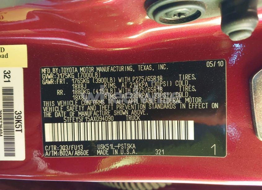 Photo 9 of 2010 Toyota Tundra CREWMAX SR5 (VIN 5TFEY5F15AX094090)