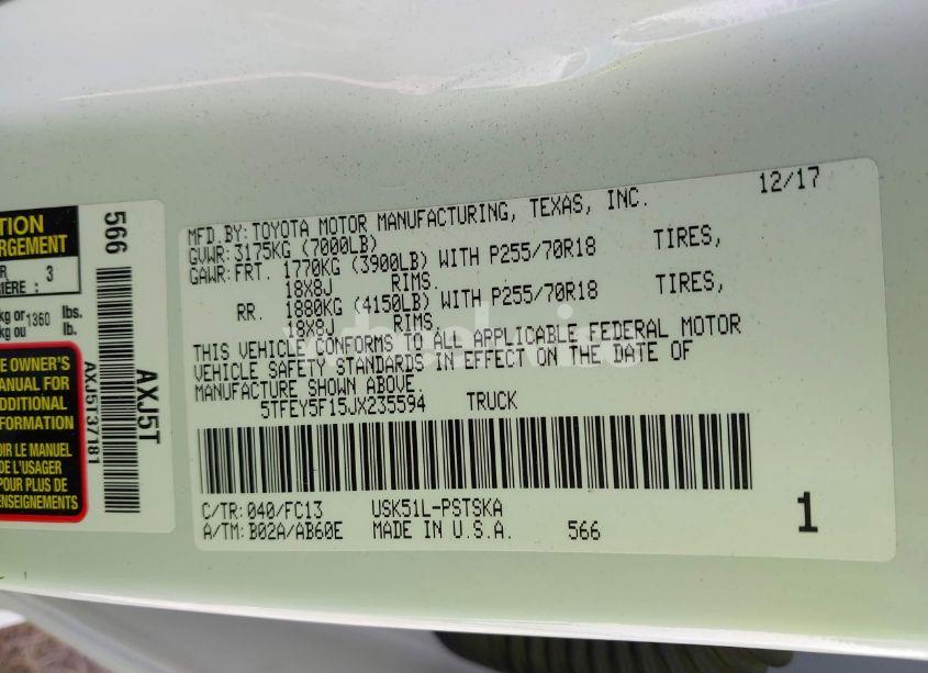 Photo 9 of 2018 Toyota Tundra SR5 5.7L V8 (VIN 5TFEY5F15JX235594)