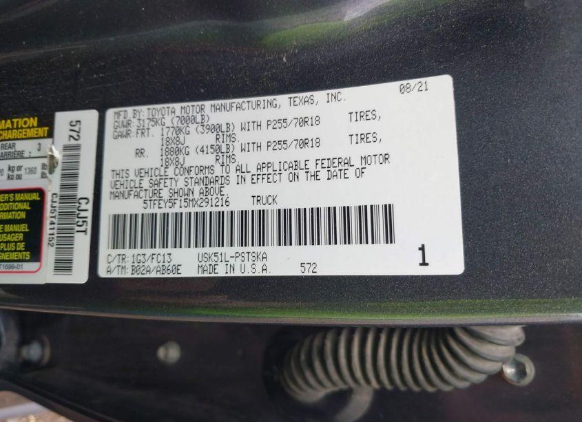 Photo 9 of 2021 Toyota Tundra SR5 (VIN 5TFEY5F15MX291216)