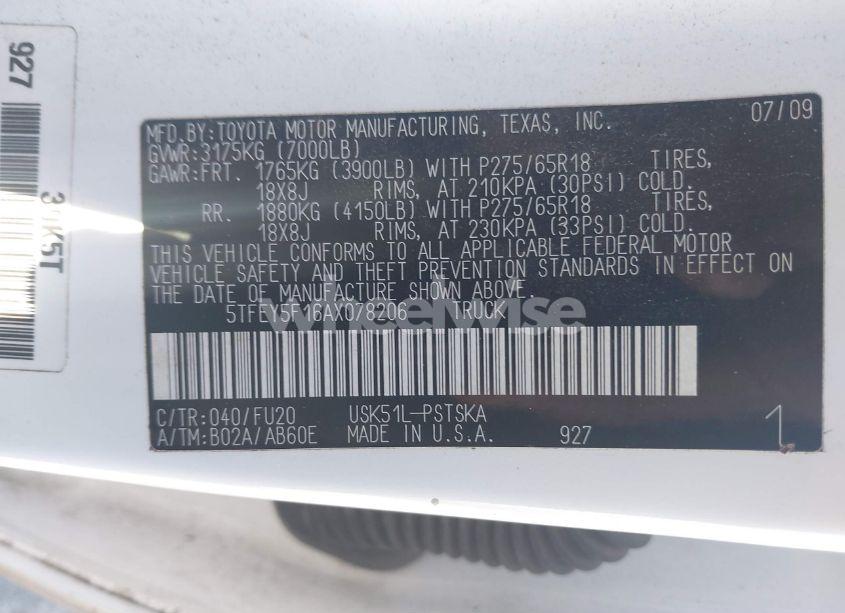 Photo 9 of 2010 Toyota Tundra CREWMAX SR5 (VIN 5TFEY5F16AX078206)