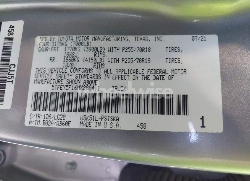 Photo 9 of 2021 Toyota Tundra SR5 (VIN 5TFEY5F16MX288471)