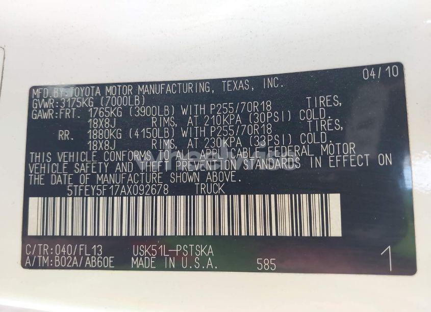 Photo 9 of 2010 Toyota Tundra GRADE 5.7L V8 (VIN 5TFEY5F17AX092678)