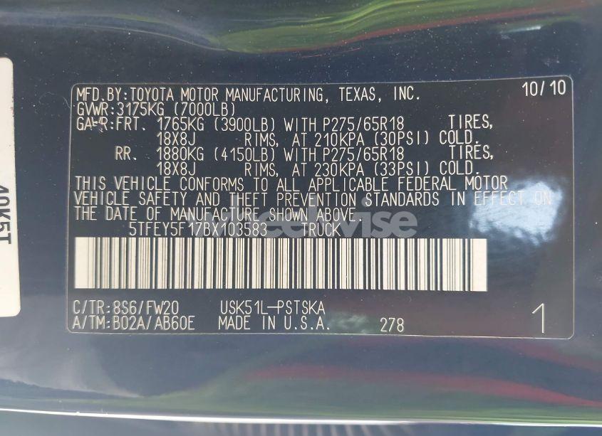 Photo 9 of 2011 Toyota Tundra GRADE 5.7L V8 (VIN 5TFEY5F17BX103583)