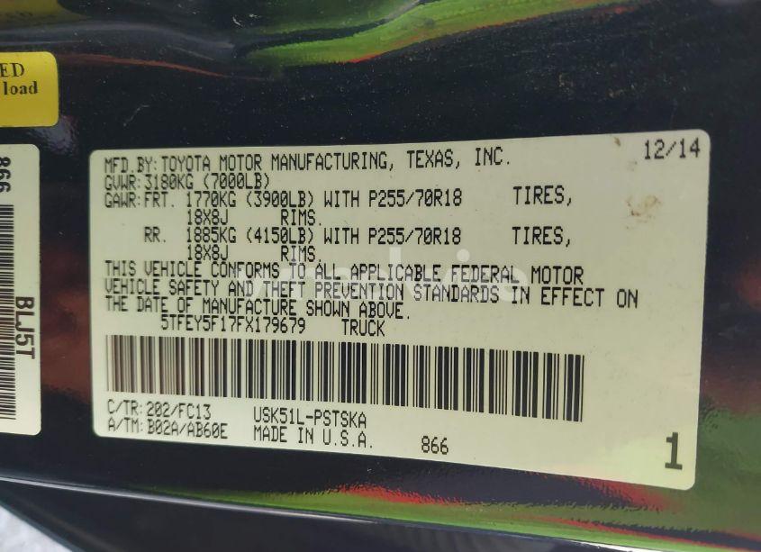 Photo 9 of 2015 Toyota Tundra SR5 5.7L V8 (VIN 5TFEY5F17FX179679)