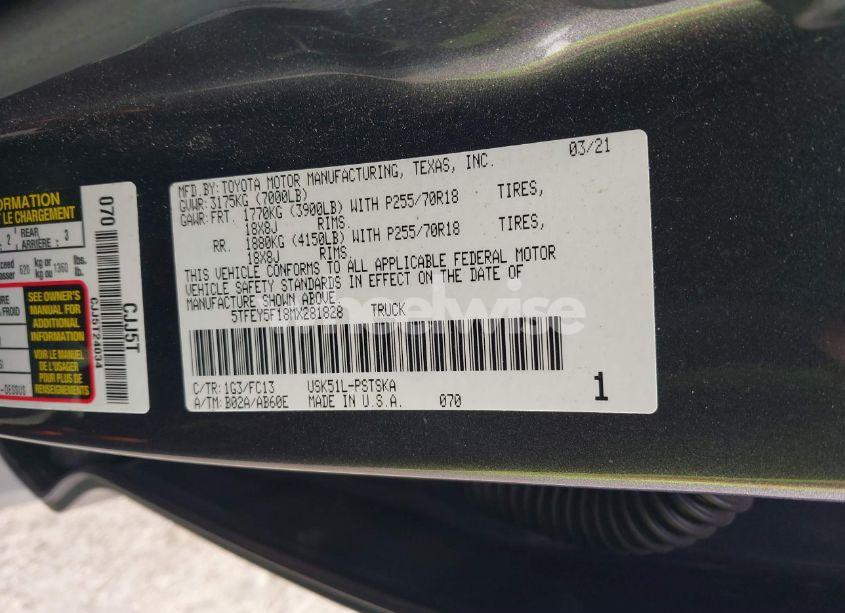 Photo 9 of 2021 Toyota Tundra SR5 (VIN 5TFEY5F18MX281828)