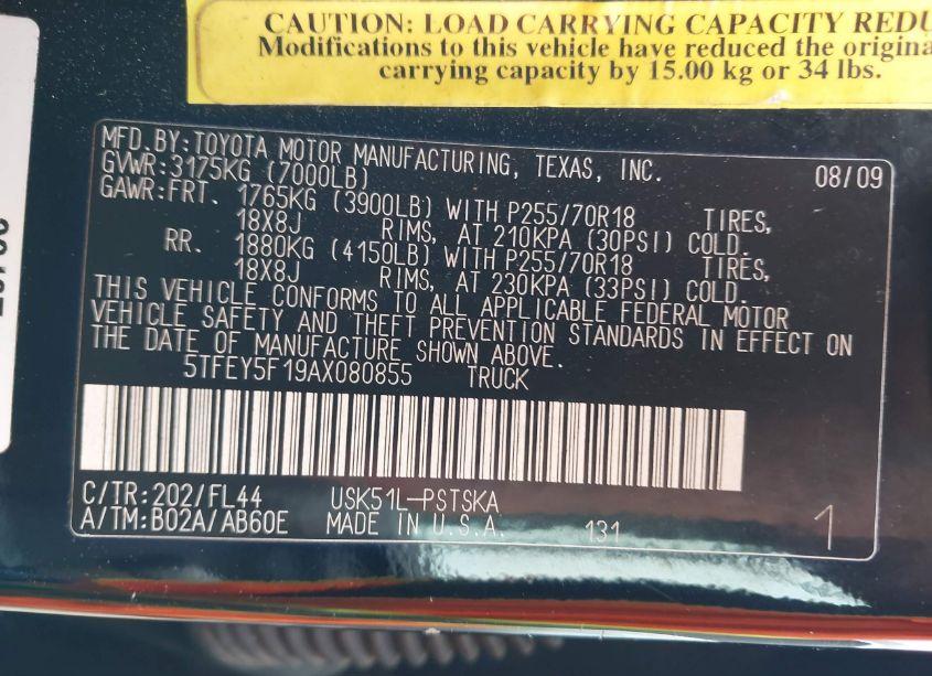 Photo 9 of 2010 Toyota Tundra GRADE 5.7L V8 (VIN 5TFEY5F19AX080855)