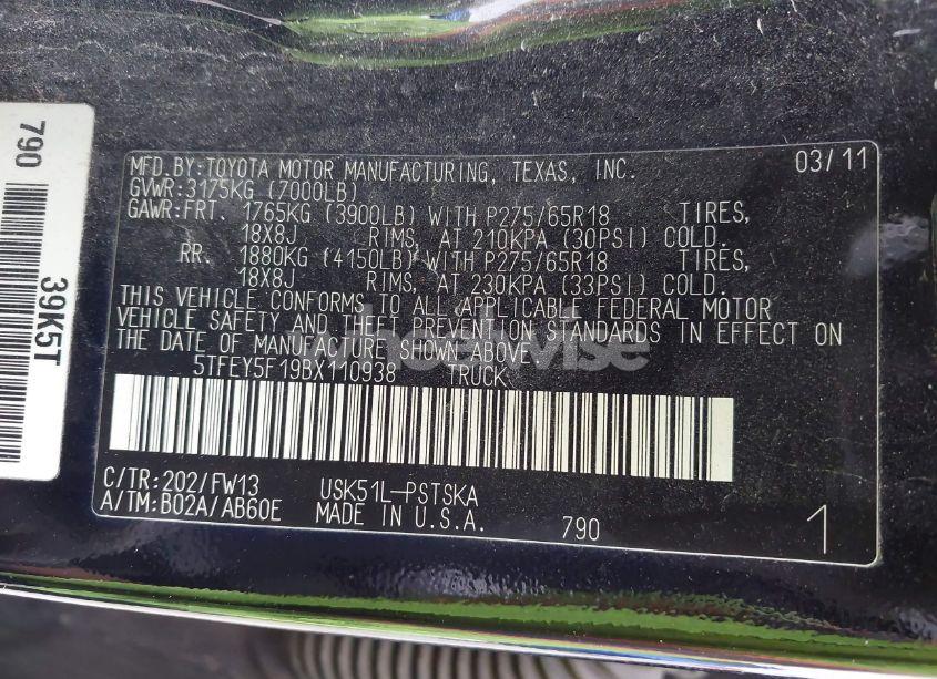 Photo 9 of 2011 Toyota Tundra GRADE 5.7L V8 (VIN 5TFEY5F19BX110938)