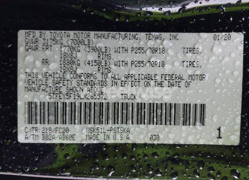 Photo 9 of 2020 Toyota Tundra SR5 (VIN 5TFEY5F19LX265572)