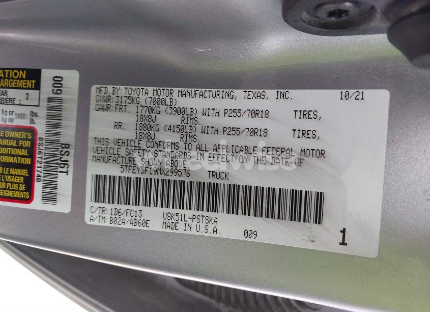 Photo 9 of 2021 Toyota Tundra SR5 (VIN 5TFEY5F19MX299576)