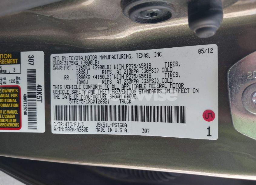 Photo 9 of 2012 Toyota Tundra GRADE 5.7L V8 (VIN 5TFEY5F1XCX128821)