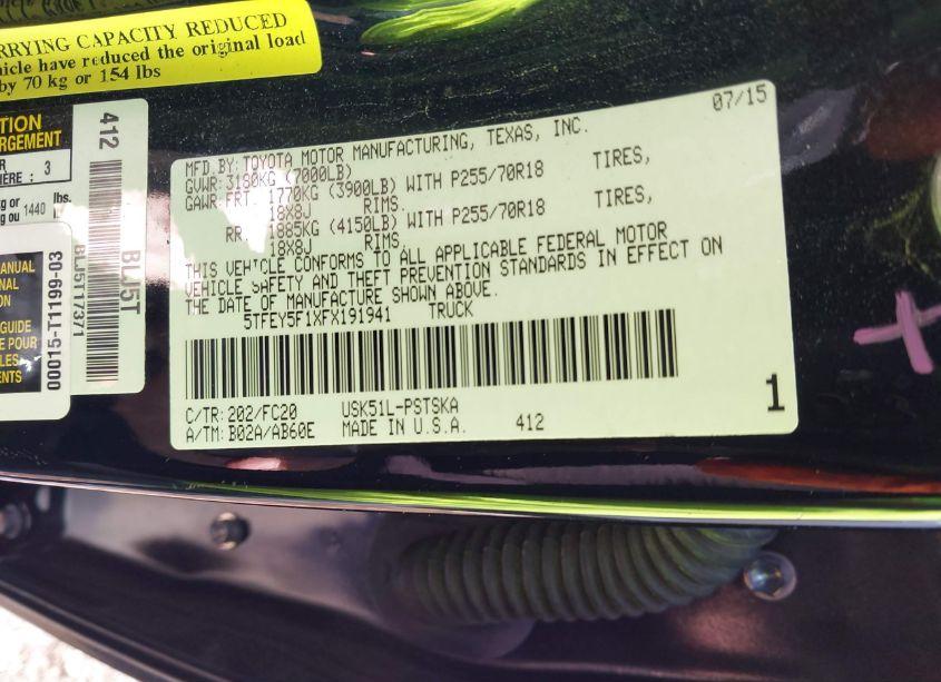 Photo 9 of 2015 Toyota Tundra SR5 5.7L V8 (VIN 5TFEY5F1XFX191941)