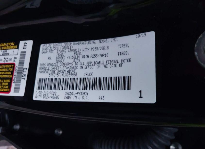 Photo 9 of 2020 Toyota Tundra SR5 (VIN 5TFEY5F1XLX259960)