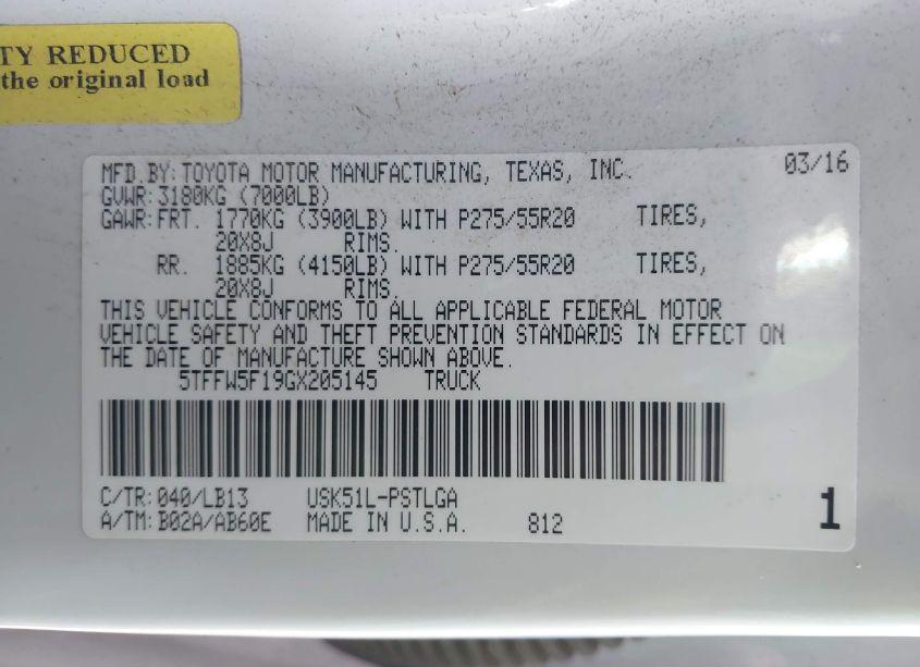 Photo 9 of 2016 Toyota Tundra LIMITED 5.7L V8 (VIN 5TFFW5F19GX205145)