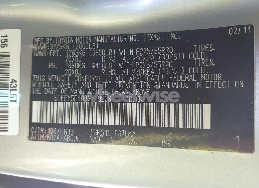 Photo 9 of 2011 Toyota Tundra LIMITED 5.7L V8 (VIN 5TFFY5F10BX109228)