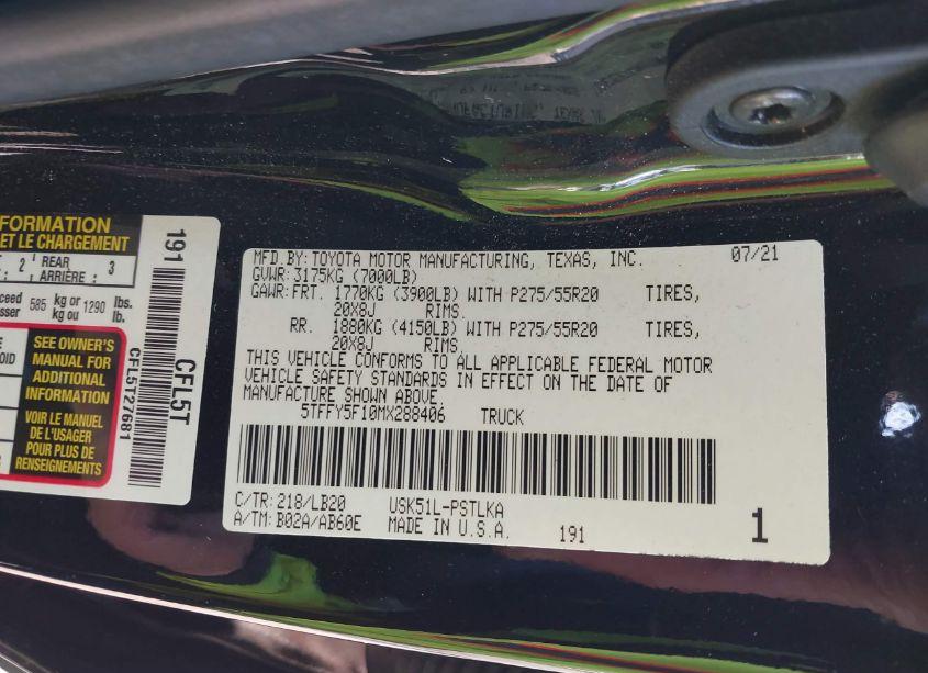 Photo 9 of 2021 Toyota Tundra 2WD LIMITED (VIN 5TFFY5F10MX288406)