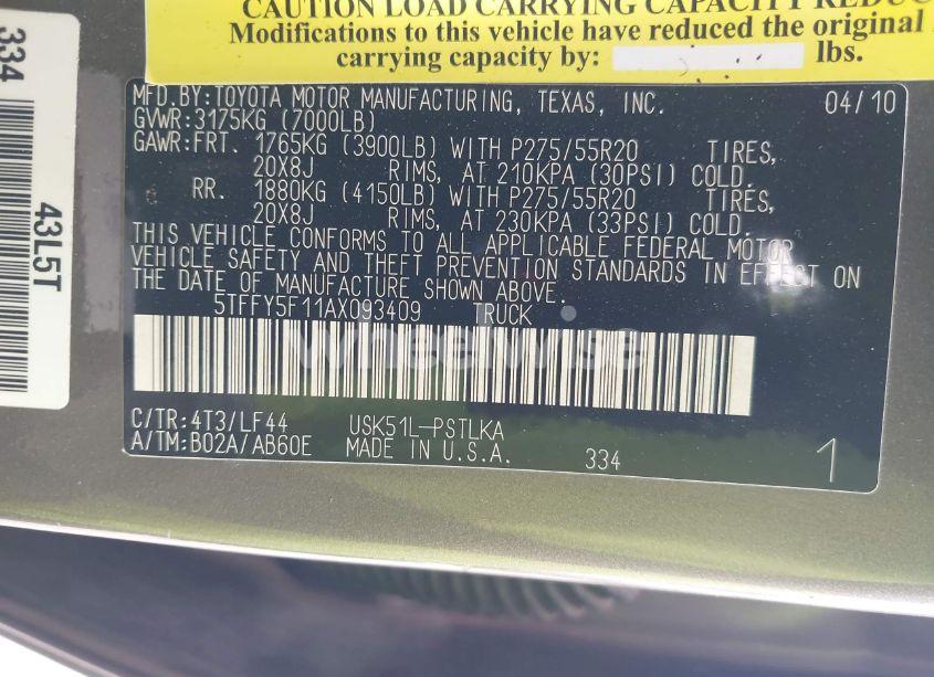Photo 9 of 2010 Toyota Tundra LIMITED 5.7L V8 (VIN 5TFFY5F11AX093409)