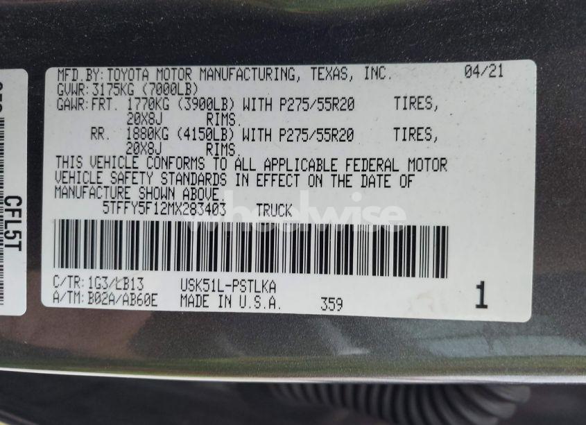 Photo 9 of 2021 Toyota Tundra LIMITED (VIN 5TFFY5F12MX283403)