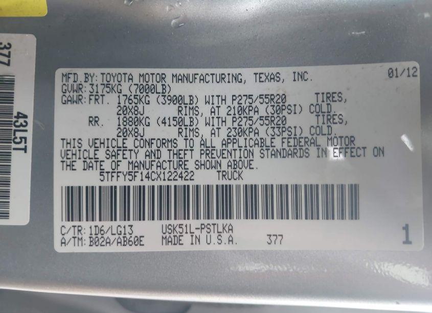 Photo 9 of 2012 Toyota Tundra LIMITED 5.7L V8 (VIN 5TFFY5F14CX122422)