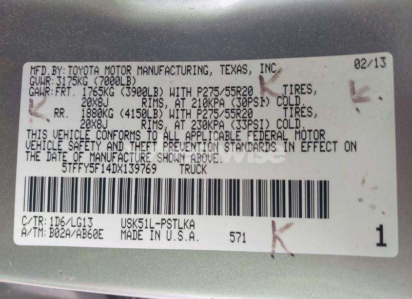 Photo 9 of 2013 Toyota Tundra PLATINUM 5.7L V8 (VIN 5TFFY5F14DX139769)