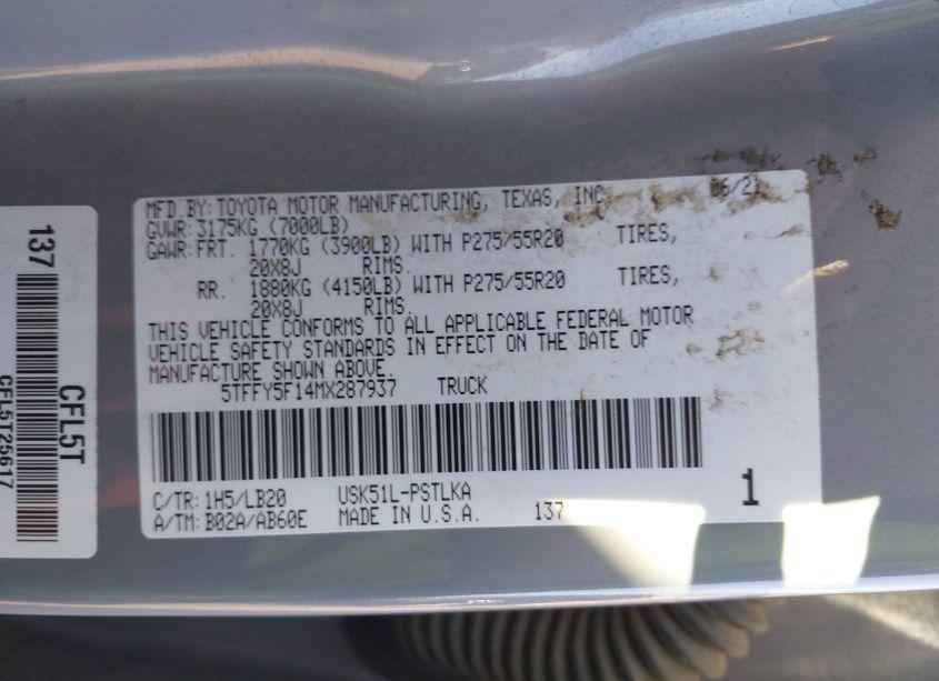 Photo 9 of 2021 Toyota Tundra LIMITED (VIN 5TFFY5F14MX287937)