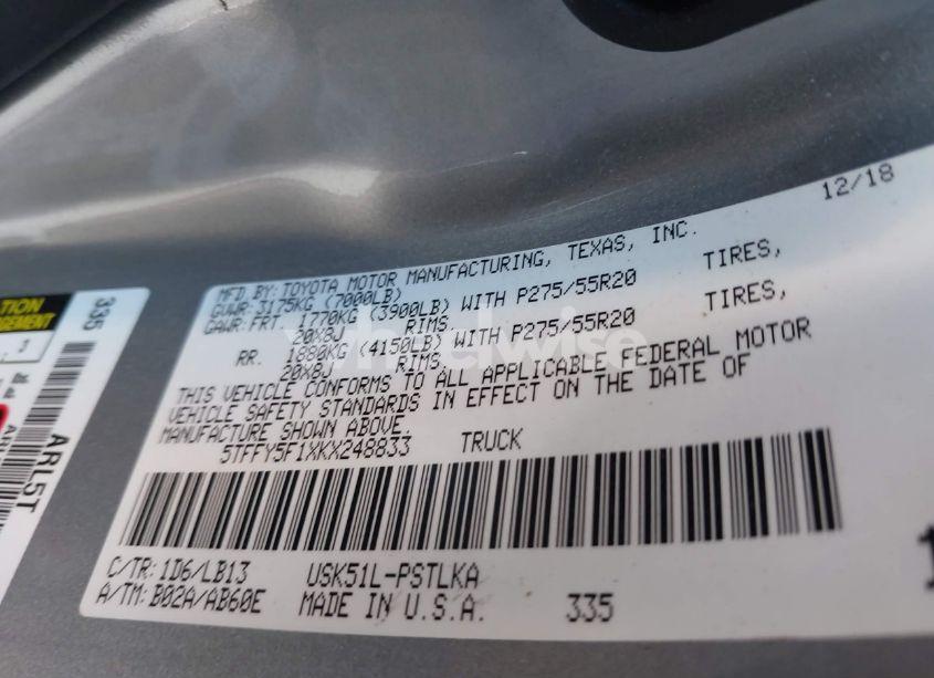 Photo 9 of 2019 Toyota Tundra LIMITED 5.7L V8 (VIN 5TFFY5F1XKX248833)