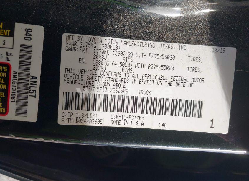 Photo 9 of 2020 Toyota Tundra 1794 EDITION (VIN 5TFGY5F13LX260506)